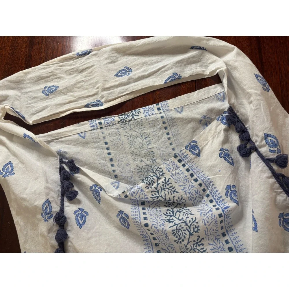 Shiraleah Slouchy Cotton Hobo Bag OS Coastal Beach Blue White Block Print Tassel